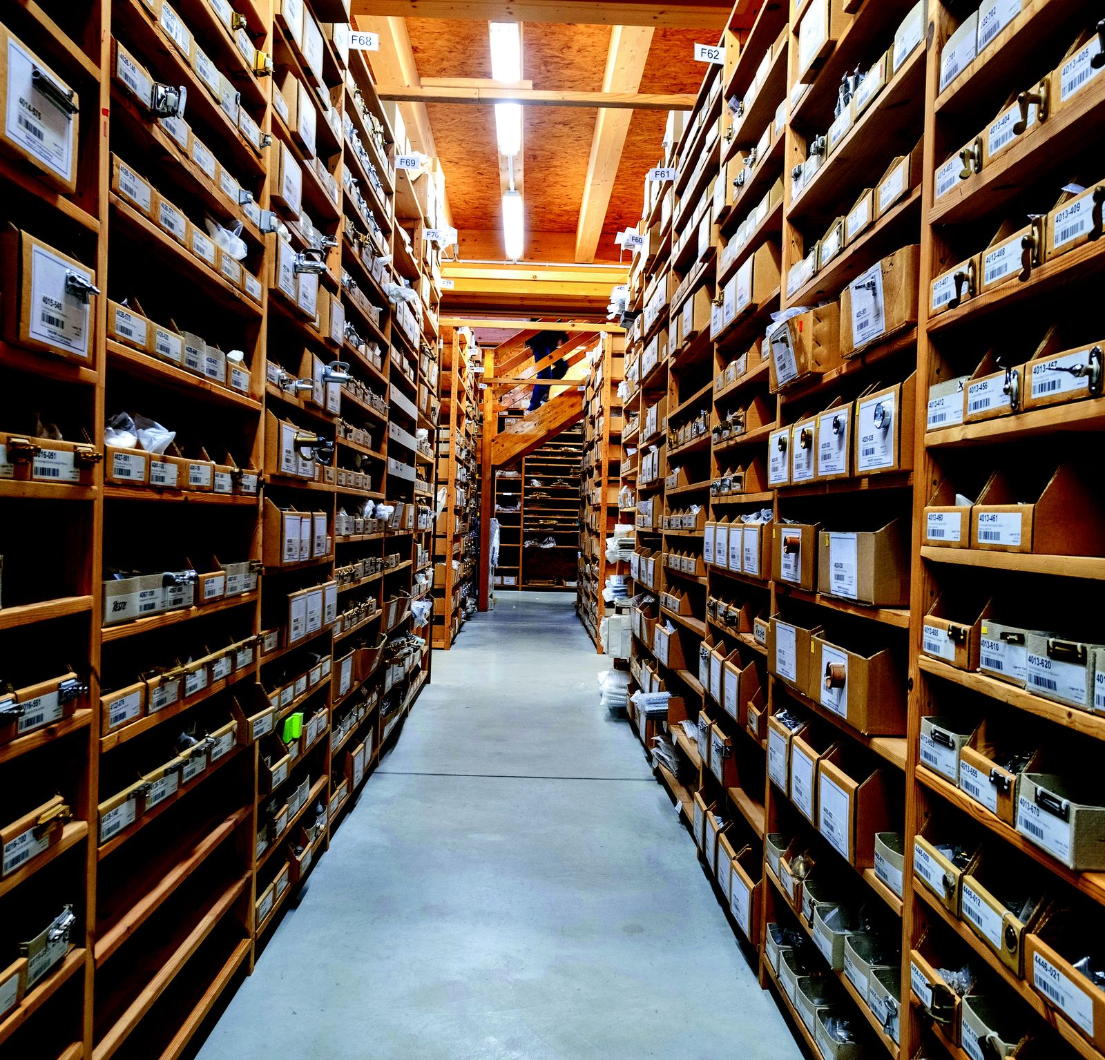 Parts aisle in a marine supply warehouse